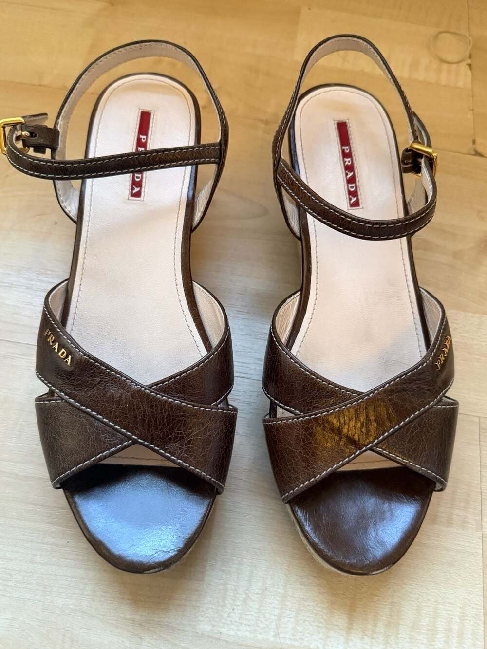 Prada Brown Leather Cork Wedge Sandals Size 39